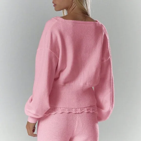 Pink Casual Women's Soft Crochet Knit Long Sleeve Top - Picture 2 of 6